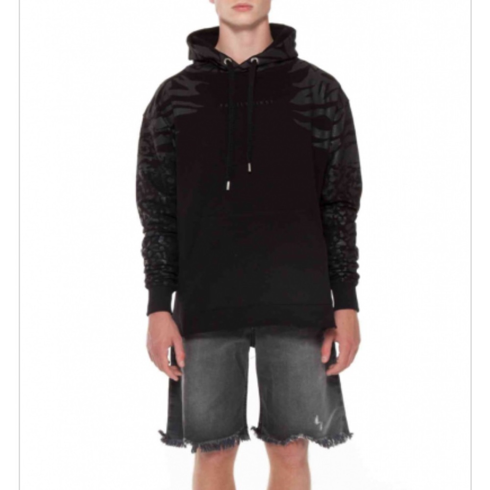 Black and Gray Hoodie with Patterned Sleeves Family First 3XL